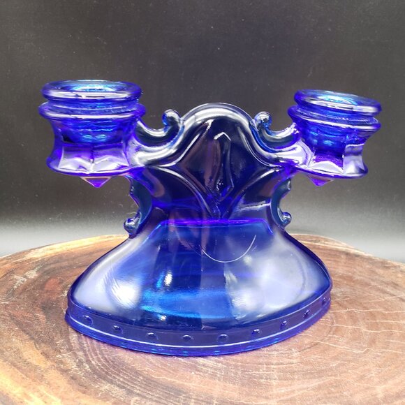 L.E. Smith Cobalt Blue Glass Double Candle Holder Mt Pleasant Pattern 1930s - Picture 2 of 7